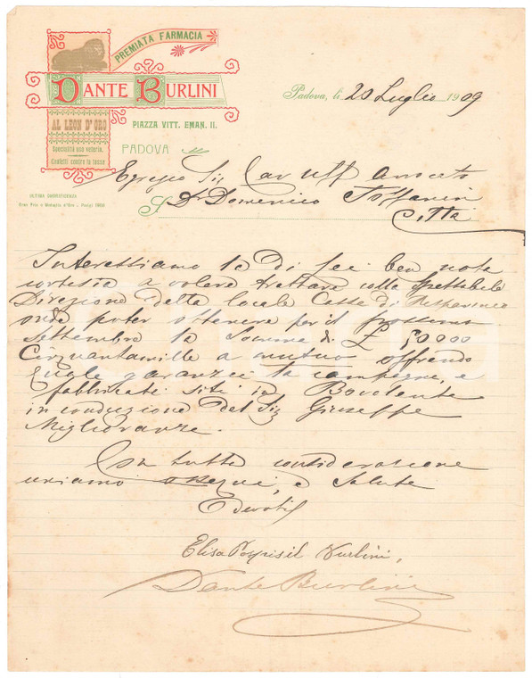 1910 PADOVA Farmacia Dante BURLINI - Al Leon d'Oro - Lettera per mutuo