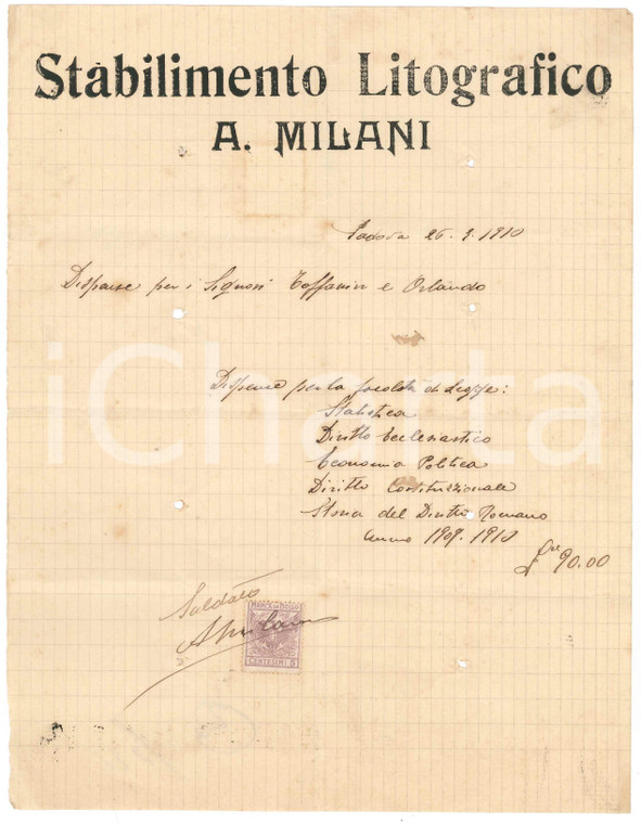 1910 PADOVA Stabilimento Litografico A. MILANI - Conto manoscritto per dispense