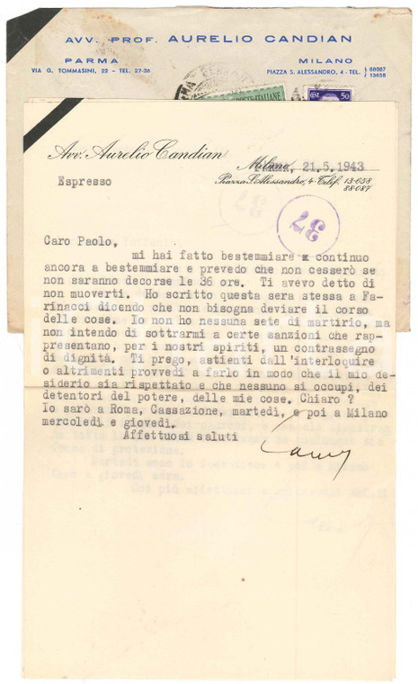 1943 PARMA Aurelio CANDIAN protesta per intervento presso Farinacci - Autografo