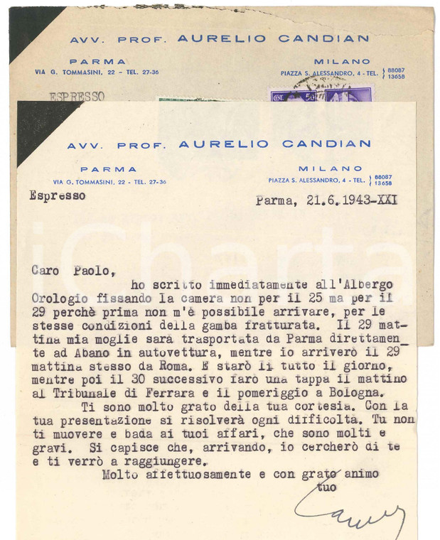 1943 PARMA Lettera Aurelio CANDIAN - Prenotazione in albergo *Autografo