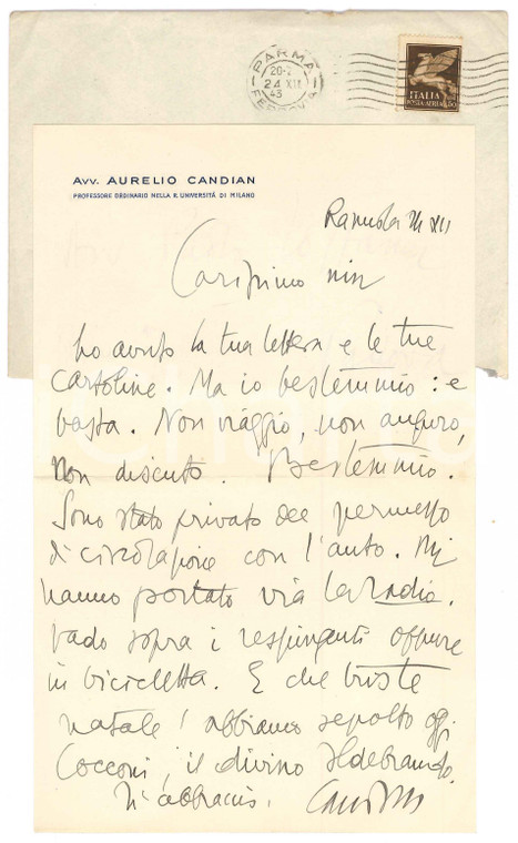 1943 MILANO Lettera Aurelio CANDIAN - "Io bestemmio e basta" - Autografo