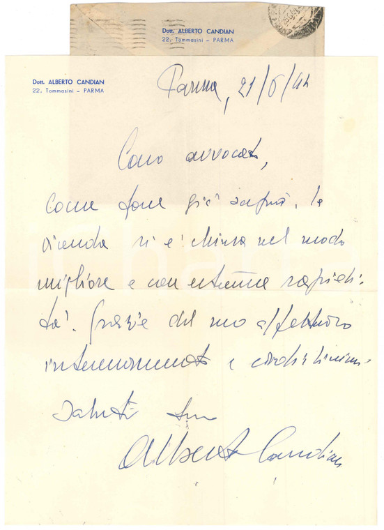 1944 PARMA Aurelio CANDIAN - Lettera di ringraziamento - Autografo