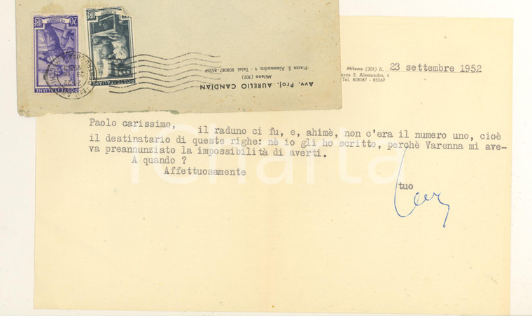 1952 MILANO Lettera Aurelio CANDIAN a un amico e collega *Autografo