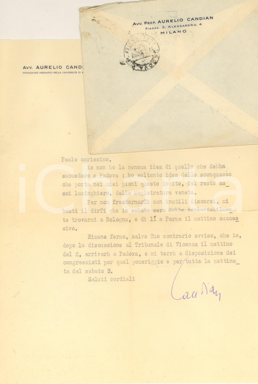 1954 MILANO Lettera Aurelio CANDIAN a un collega e amico *Autografo