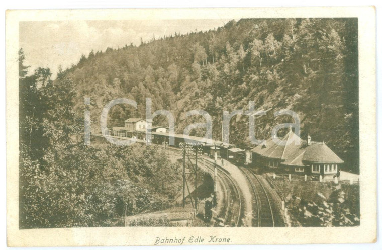 1925 EDLE KRONE Veduta della stazione con treno in transito *Cartolina vintage