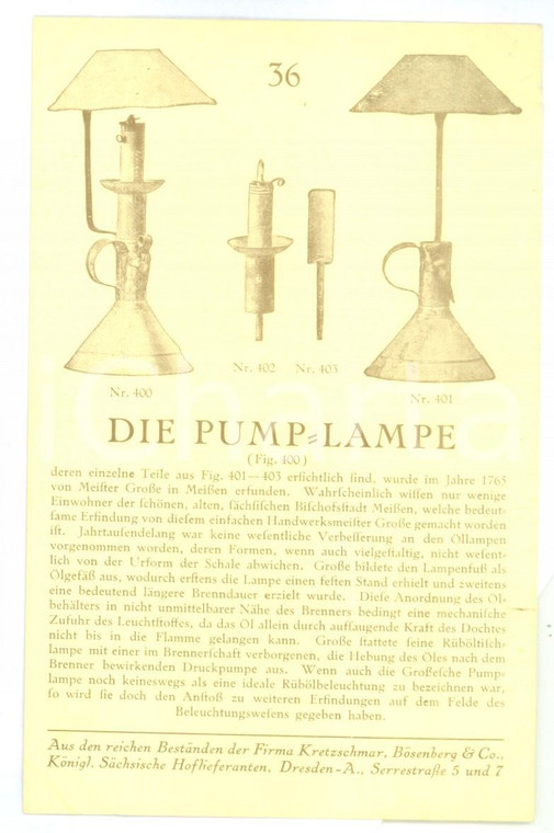 1910 ca DRESDEN Kretzschmar & Bösenberg - Die pump-lampe *Vintage postcard