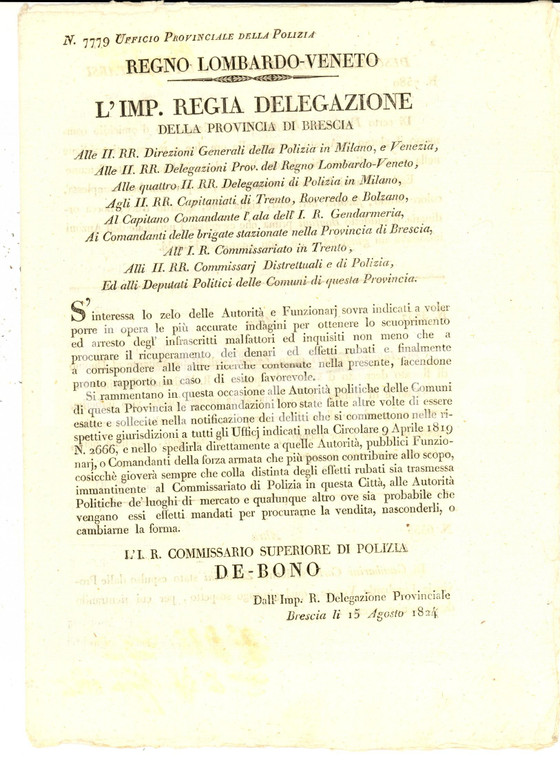 1824 REGNO LOMBARDO-VENETO BRESCIA Elenco dei malfattori da arrestare - RARO