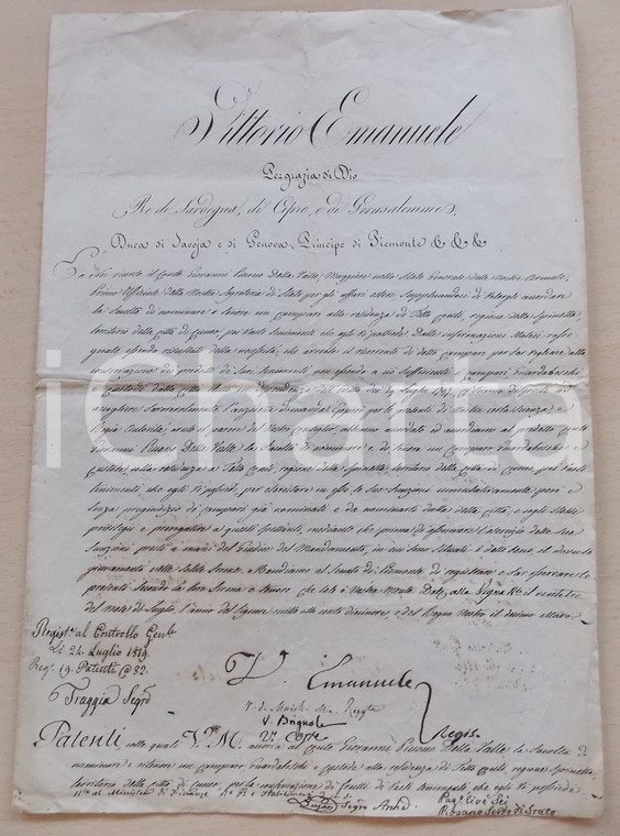 1819 Decreto autografo VITTORIO EMANUELE I SAVOIA pro conte PICCONO DELLA VALLE