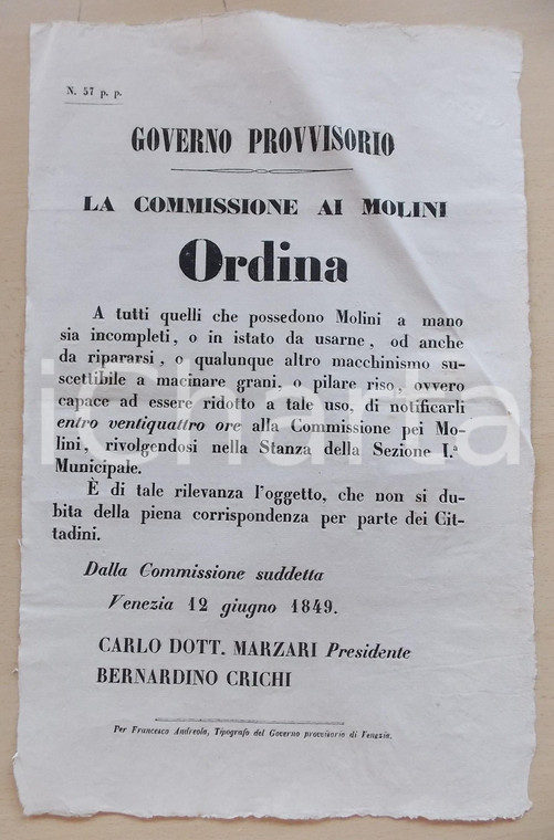 1849 GOVERNO PROVVISORIO DI VENEZIA Commissione ai Molini - Ordine di notifica