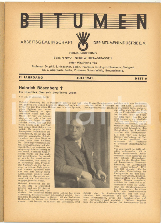 1941 BERLIN BITUMEN Heinrich Bösenberg - Rivista anno 11 n° 6 - 15 pp. 