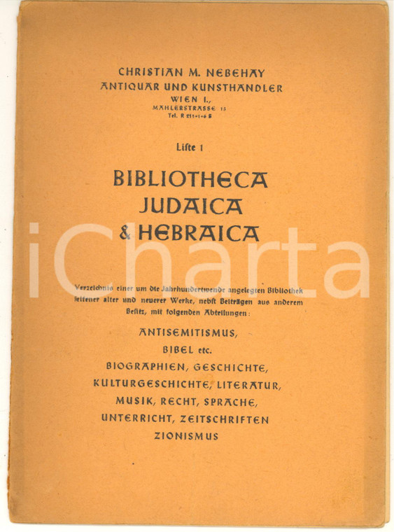 1950 ca Christian M. NEBEHAY Bibliotheca Judaica & Hebraica - Lifte 1 - Catalogo