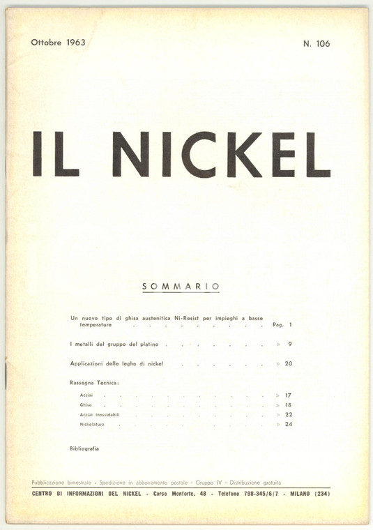 1963 MILANO - IL NICKEL I metalli del gruppo del platino - Rivista n° 106