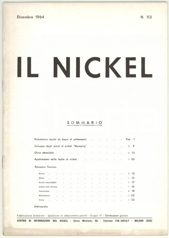 1964 IL NICKEL Freni magnetici in ghisa a bordo delle navi Rivista n° 113