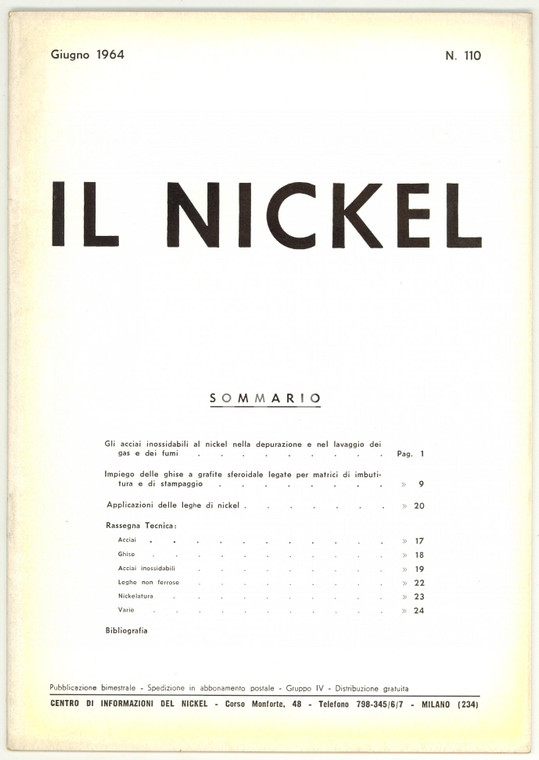 1964 MILANO - IL NICKEL Depuratori di gas e di fumi - Rivista n° 110 *24 pp.