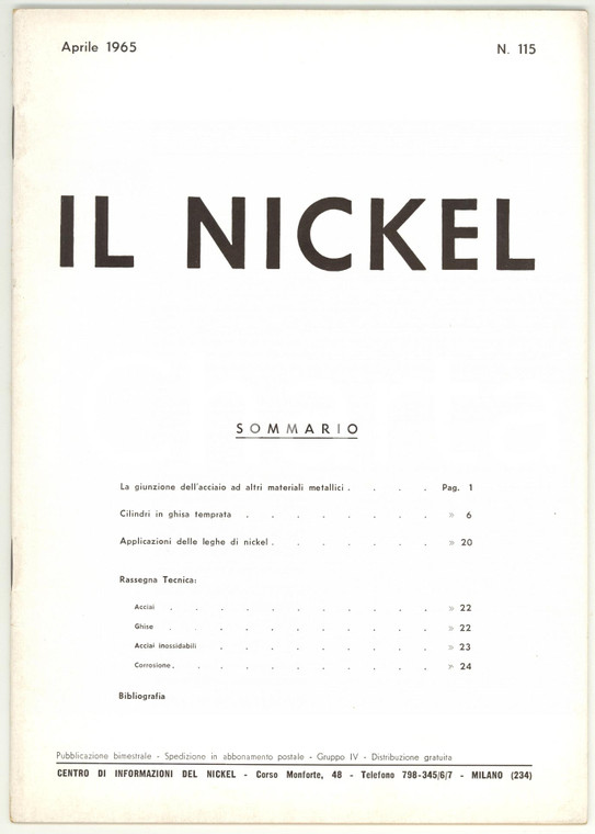 1965 MILANO - IL NICKEL Cilindri in ghisa temprata - Rivista n° 115 *24 pp.