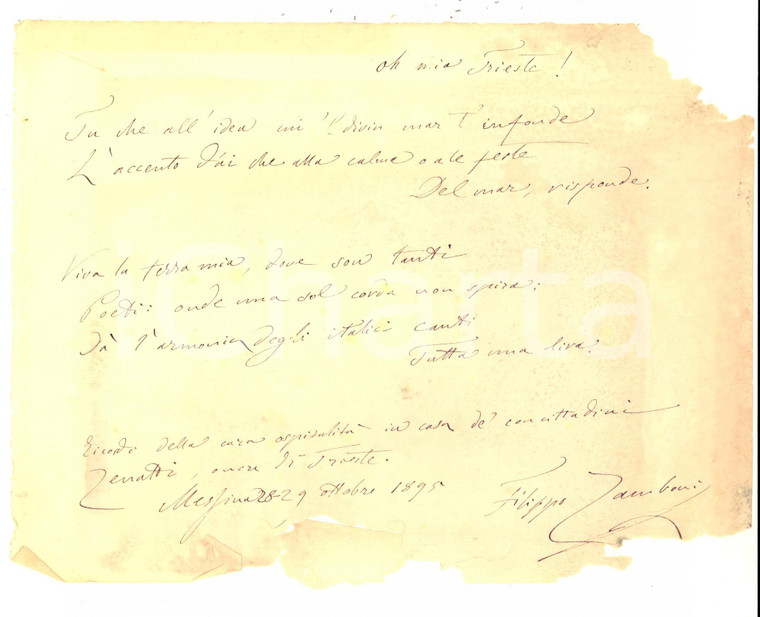 1895 MESSINA Filippo ZAMBONI - Oh mia Trieste! -  Poesia AUTOGRAFO DANNEGGIATO