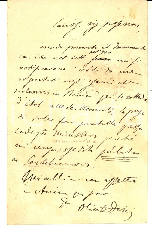 1901 CARRARA Cartolina poeta Olinto DINI per risultati di un concorso *Autografo