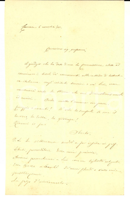 1900 CARRARA Poeta Olinto DINI deluso per i risultati di un concorso *Autografo