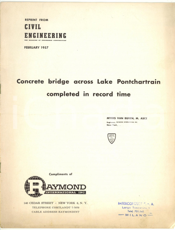 1957 CIVIL ENGINEERING Concrete bridge across Lake Pontchartrain - Reprint