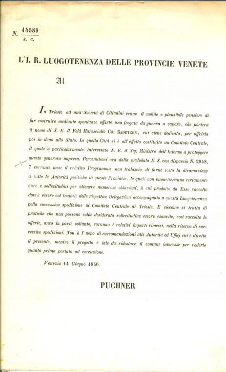 1850 VENEZIA Sottoscrizione per fregata da guerra a vapore "Radetzky"