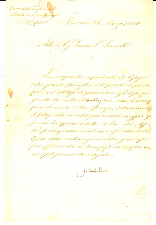 1849 VENEZIA Commissione Beneficenza - Lettera card. Jacopo MONICO - Autografo