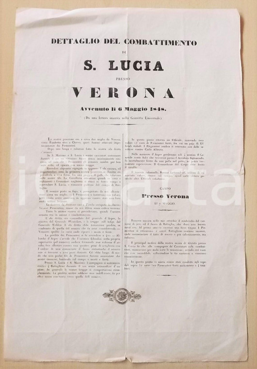 1848 RISORGIMENTO VERONA Dettaglio del combattimento di S. LUCIA - Manifesto