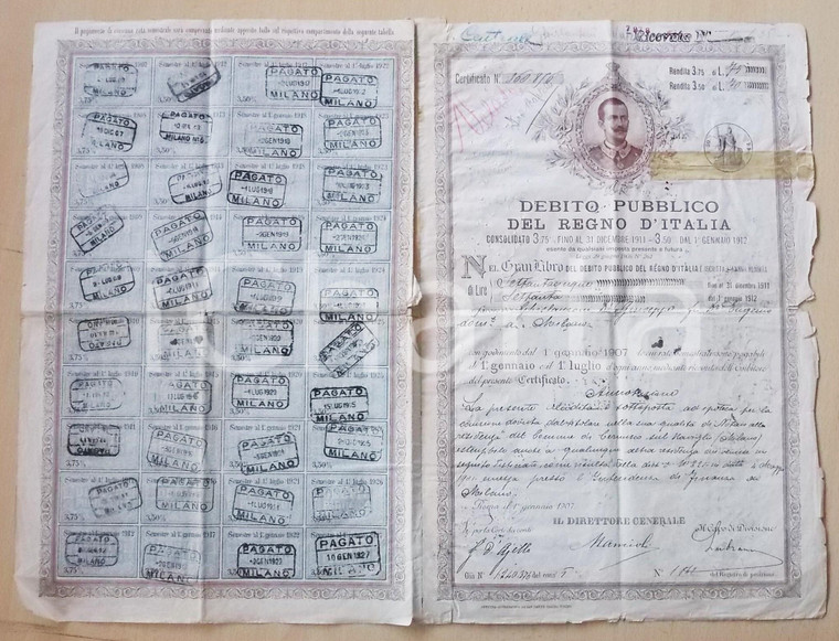 1907 REGNO D'ITALIA Debito Pubblico - Cartella al portatore con cedole