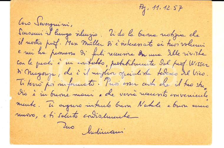 1957 FREIBURG Vito R. GIUSTINIANI sulla recensione per un collega - Autografo