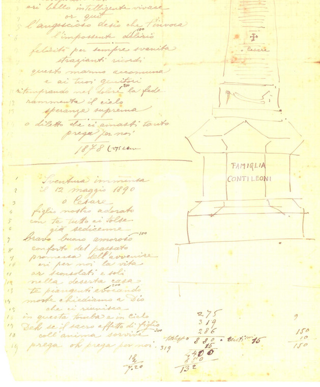 1890 PADOVA Famiglia conti LEONI - Bozza per lapide funeraria Cesare e Carlino