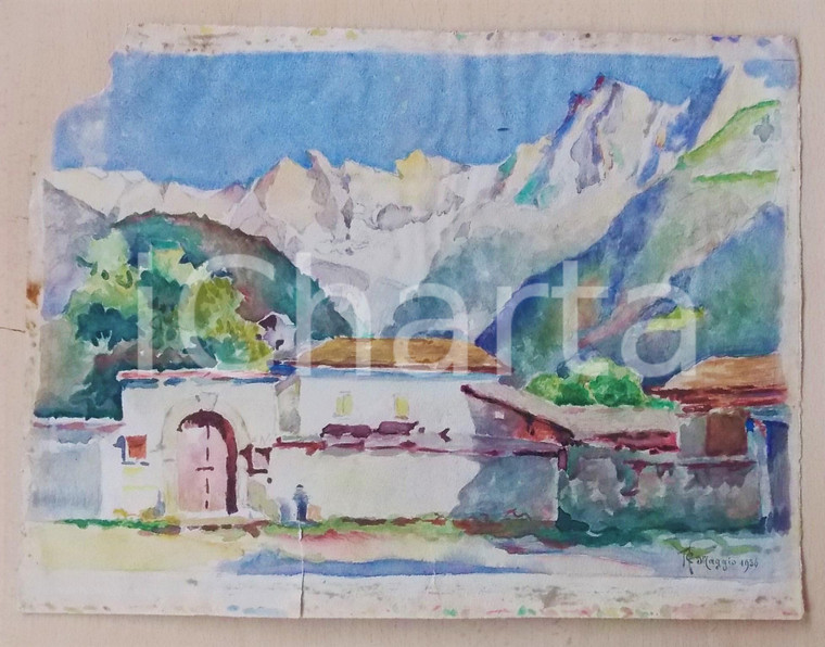 1936 ARTE Paesaggio di montagna con case - Acquerello FIRMATO DANNEGGIATO 28x18