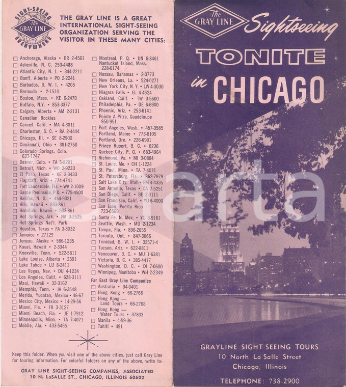 1965 ca CHICAGO Grayline sightseeing tours - Tonite in Chicago *Pieghevole 10x22