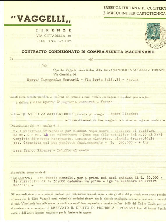 1956 FIRENZE Ditta VAGGELLI cucitrici - Contratto di compra-vendita macchinario