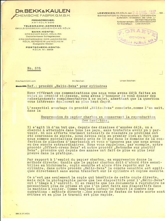 1939 KOLN Dr. BEKK&KAULEN Chemische Fabrik - Lettera procedimento HELIO-BEKA