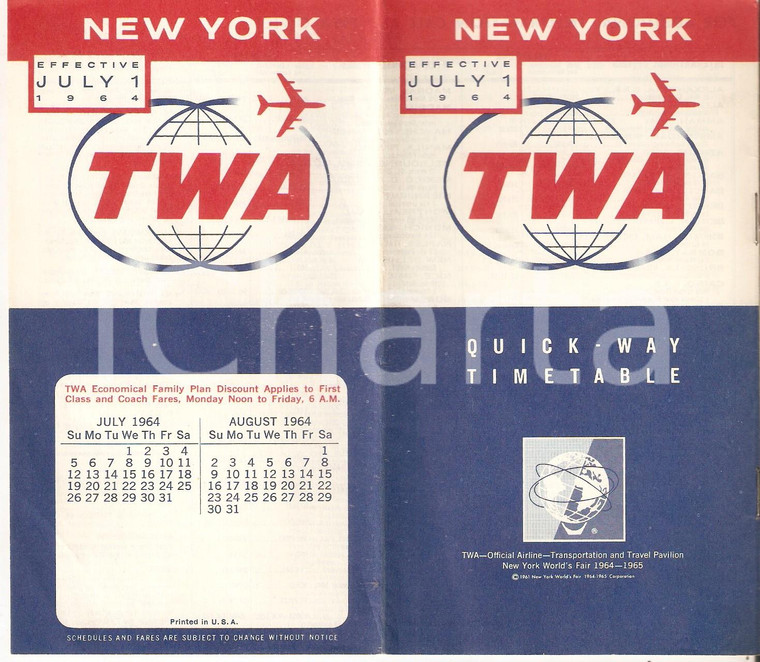 1964 TWA Trans World Airlines - Quick way timetable - Libretto 9x16 cm