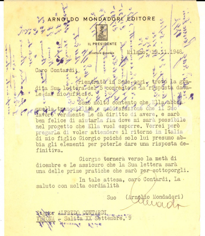 1948 MILANO Lettera Arnoldo MONDADORI ad Alfredo CONTARDI per progetto AUTOGRAFO