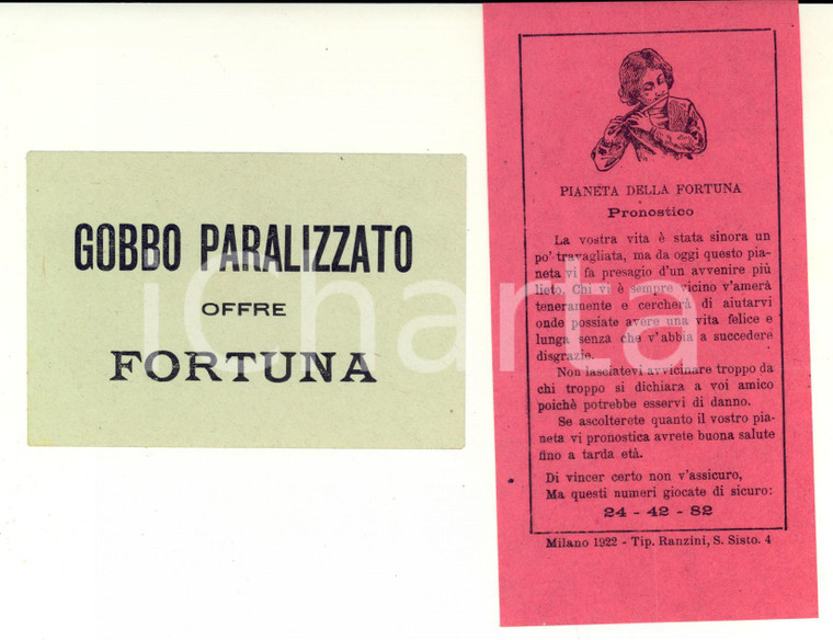 1922 MILANO LOTTERIE Gobbo paralizzato offre fortuna - Busta con numeri LOTTO