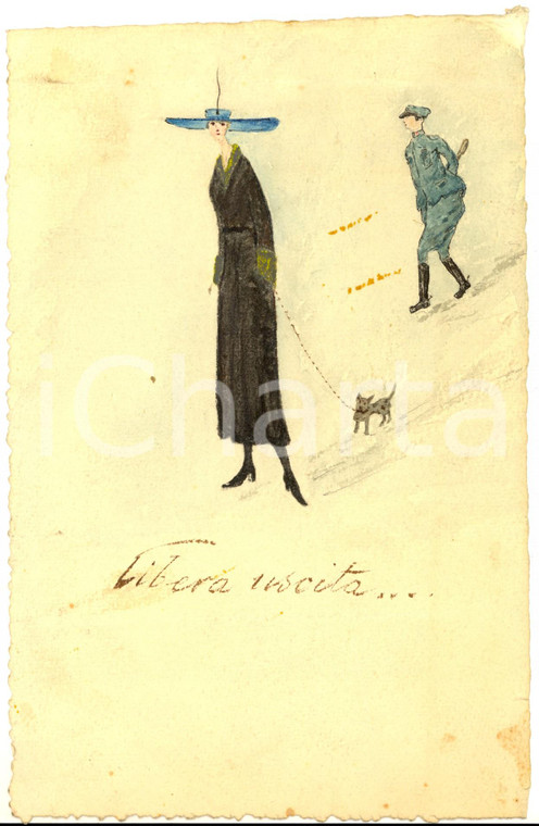 1920 ca ARTE Libera uscita - L'ufficiale e la signora - Acquerello su carta