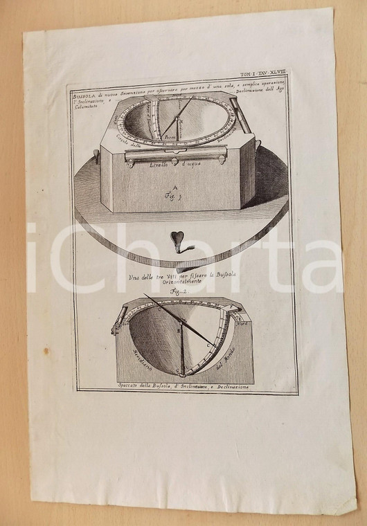 1746 G. PIVATI Dizionario scientifico e curioso - Bussola nuova *Tavola 24x38 cm