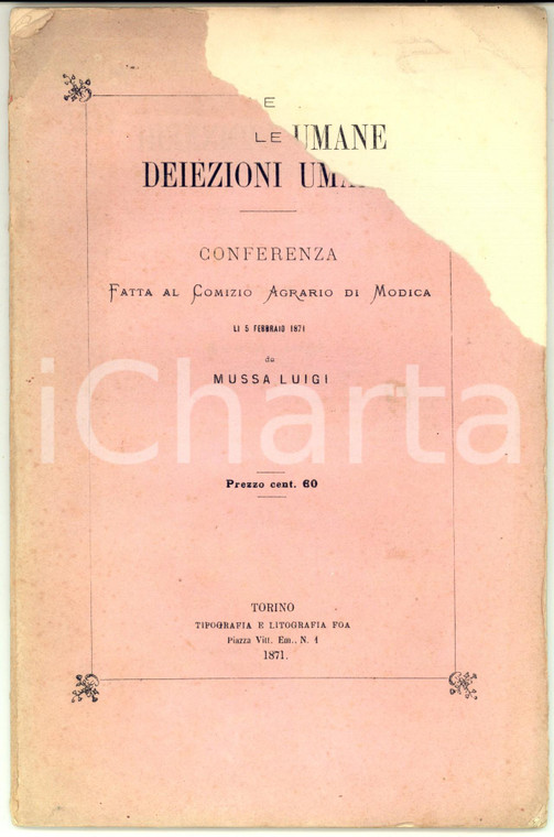 1871 Luigi MUSSA Le deiezioni umane - Conferenza a Mosca - DANNEGGIATO