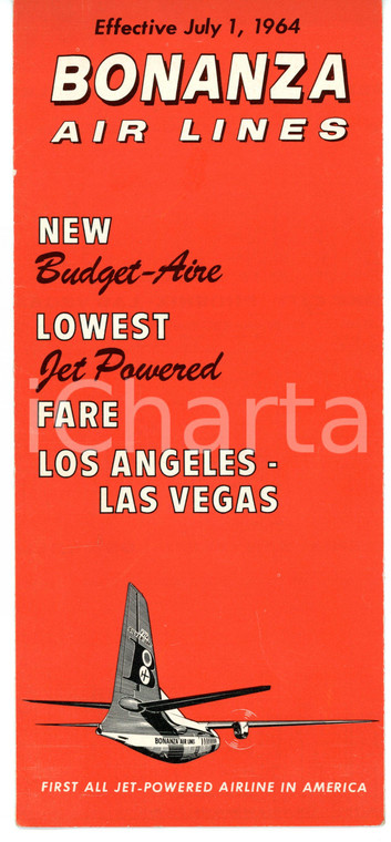 1964 BONANZA AIR LINES Reno - Las Vegas - Los Angeles - Timetable *Pieghevole