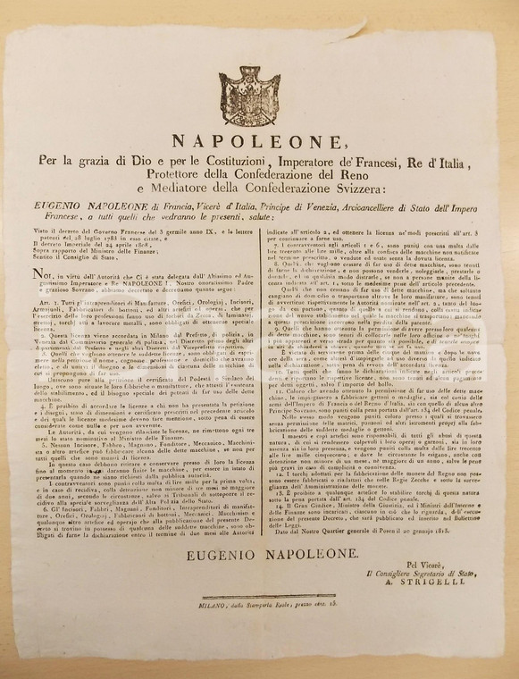 1813 REGNO D'ITALIA MILANO Editto e tariffa sul gioco del lotto - RARO 4 pp.