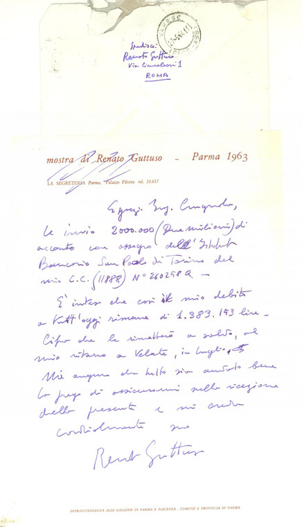 1963 ROMA Lettera Renato GUTTUSO per saldo lavori a impresa edile - AUTOGRAFO