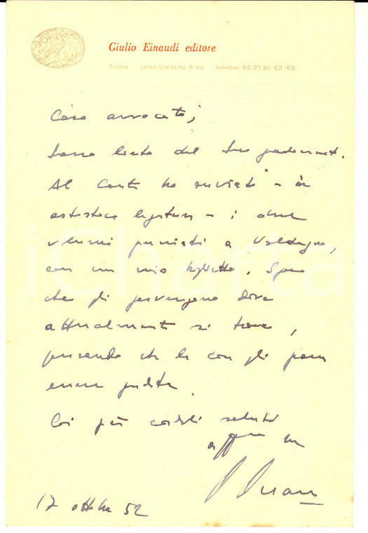 1952 TORINO Lettera Giulio EINAUDI per un invio di volumi - Autografo