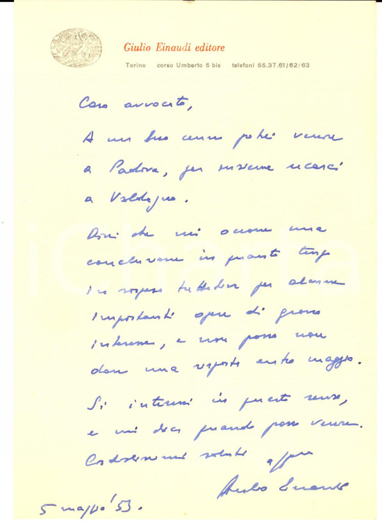 1953 TORINO Lettera Giulio EINAUDI per opere in preparazione - Autografo