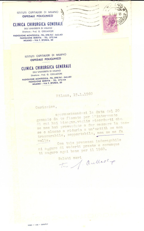 1960 MILANO Ospedale POLICLINICO Lettera prof. Guido OSELLADORE - Autografo