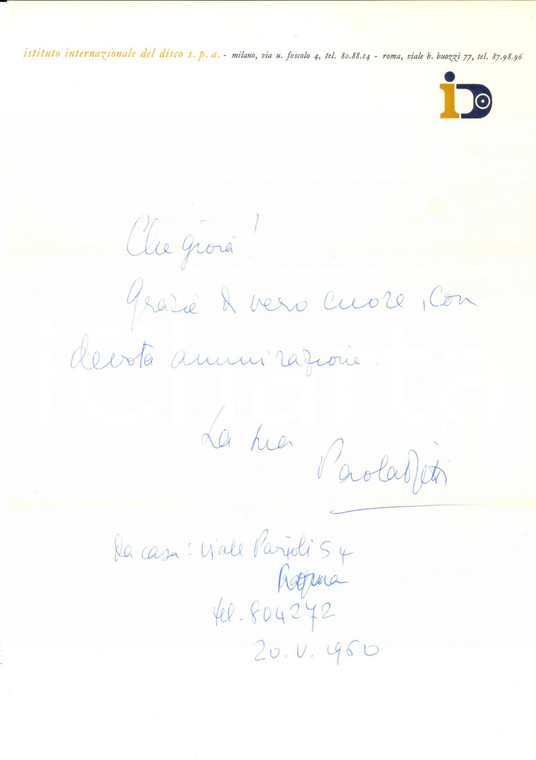 1960 ROMA Istituto del Disco - Lettera Paola OJETTI ringraziamento - Autografo