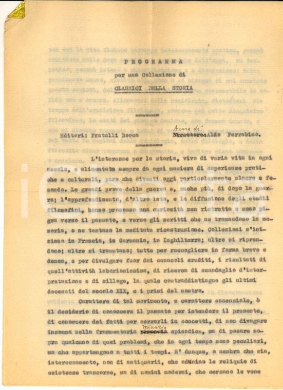 1960 ca ROMA Aldo FERRABINO Bozza per collana "Classici della storia" Autografo