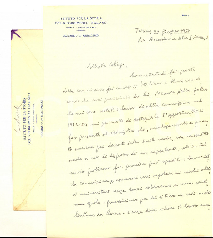 1958 TORINO Istituto Storia Risorgimento - Lettera Luigi BULFERETTI Autografo