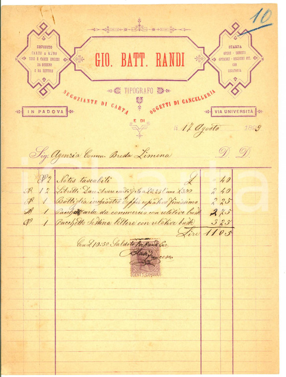 1899 PADOVA Giovanni Battista RANDI Tipografo e negoziante carta - Fattura