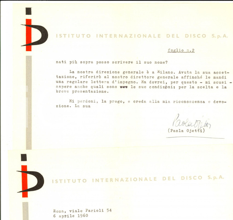 1960 ROMA Istituto del Disco - Paola OJETTI per collana culturale - Autografo